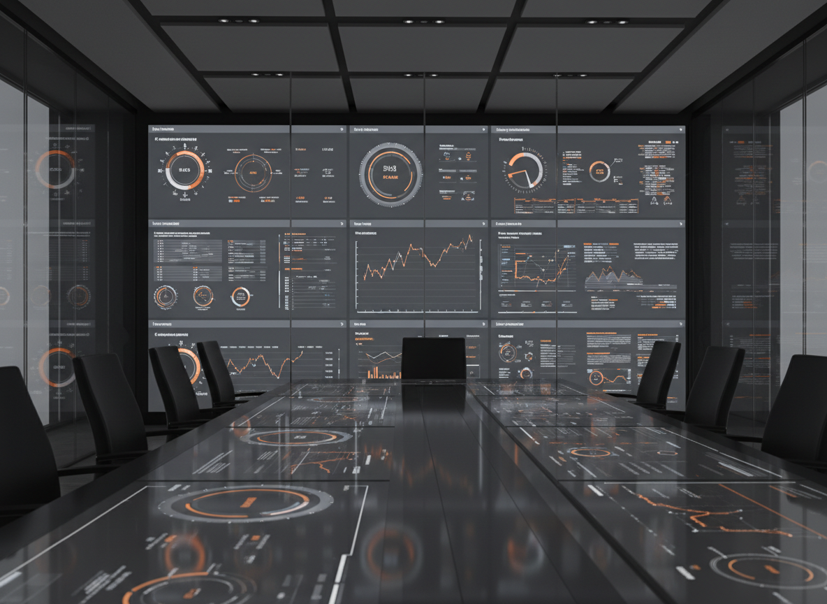 Ein hochwertiges, modernes Hero-Bild für eine Beratungsfirma im Bereich Daten, Controlling und Performance. Blick in einen stilvollen, abgedunkelten Konferenz- oder Kontrollraum mit großen Glas- oder LED-Dashboards an der Wand und auf einem großen Tisch. Auf den Dashboards sind abstrakte Diagramme, KPI-Tafeln und Datenvisualisierungen mit dezenten Akzenten in Orange (#F79646) sowie neutralen Grau- und Schwarztönen zu sehen. Keine Texte, keine Logos und kein Schriftzug „MS Solutions“ im Bild. Fokus auf Technologie, Daten und Performance, in einer leicht seitlichen oder schrägen Frontperspektive. Sehr scharf, clean und professionell.