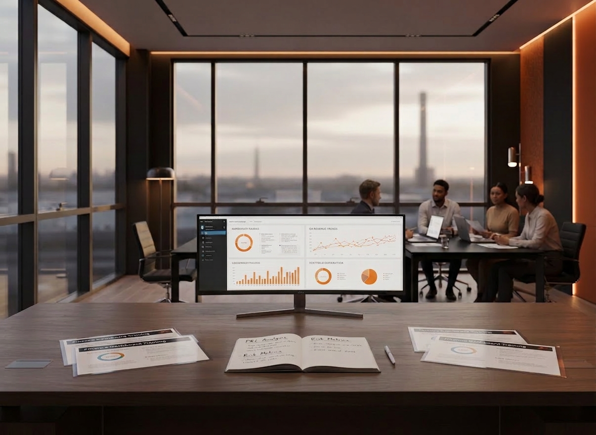 Beratung A modern, minimalist executive office seen from an eye-level, wide-angle perspective, featuring a large, dark-wood desk with a subtle satin finish, perfectly aligned with a floor-to-ceiling window overlooking an abstract, softly blurred industrial cityscape. On the desk, a thin ultrawide monitor shows a profitability analysis and scenario planning dashboard, while neatly stacked documents and a single, elegant pen rest beside it. Late afternoon natural light streams in, creating gentle, elongated shadows and a soft golden glow on the desk surface. The mood is strategic and composed, captured in photographic realism with a rule-of-thirds composition that communicates confident decision making and performance-focused consulting, without any people present.