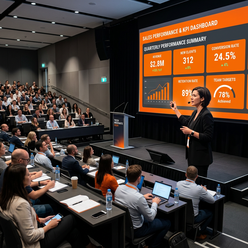 Conference training with orange KPI dashboard screen