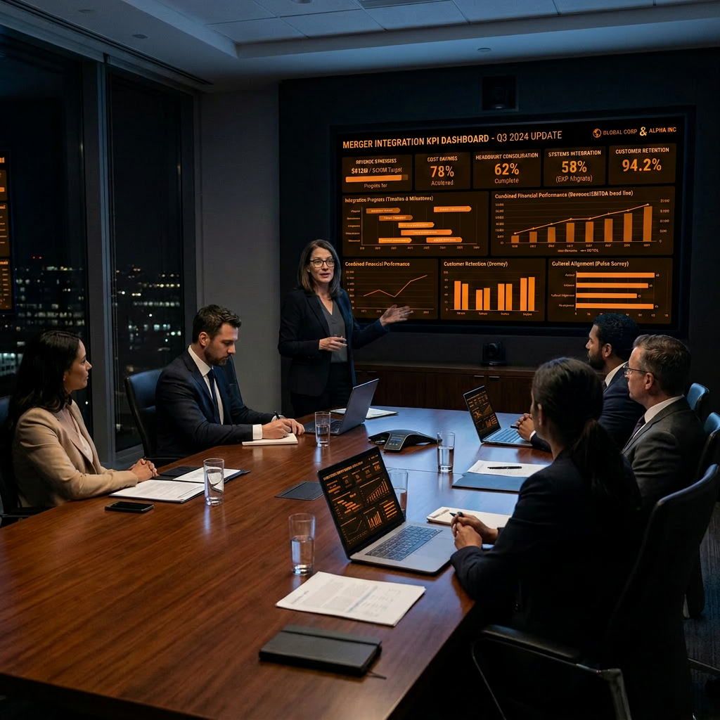 Businesswoman presenting merger integration KPI dashboard to colleagues in conference room with laptops and documents