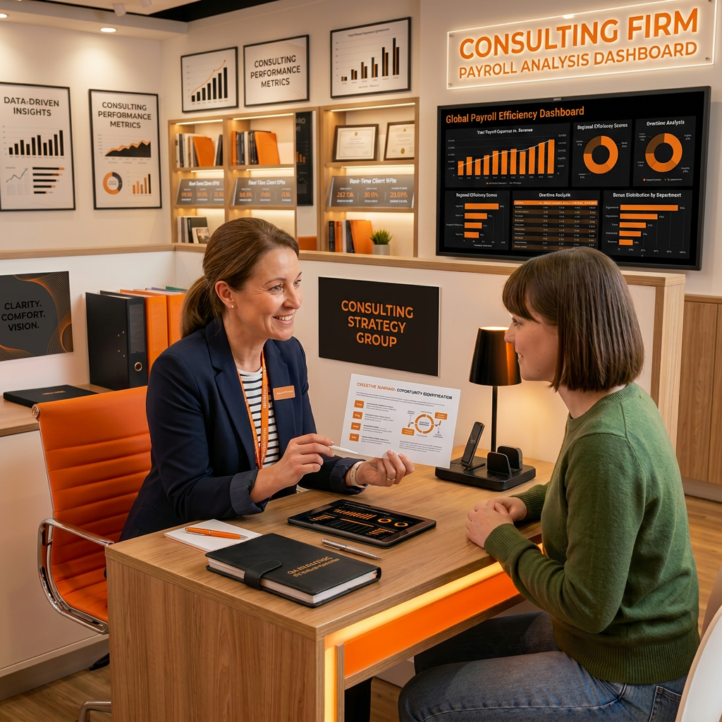 Consulting firm payroll analysis with orange dashboard Consulting firm payroll analysis with orange dashboard