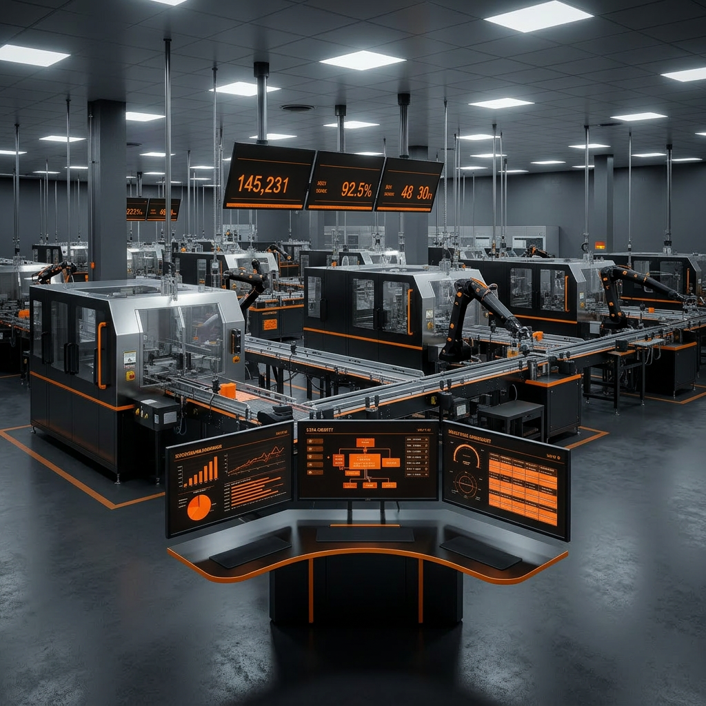 An immaculate factory production floor viewed from an elevated, three-quarter angle, with gleaming metal machinery arranged in neat, logical rows and overhead digital displays showing real-time, perfectly formatted production metrics. On a central workstation, multiple high-resolution monitors present tidy, color-coded dashboards for controlling, data quality, and master data management. Cool white industrial lighting evenly illuminates the scene, highlighting the structured order and precision of the environment. The mood is efficient, reliable, and forward-looking, captured in photographic realism with sharp focus throughout, conveying how data and controlling optimize performance in a modern manufacturing company, all without any human presence.