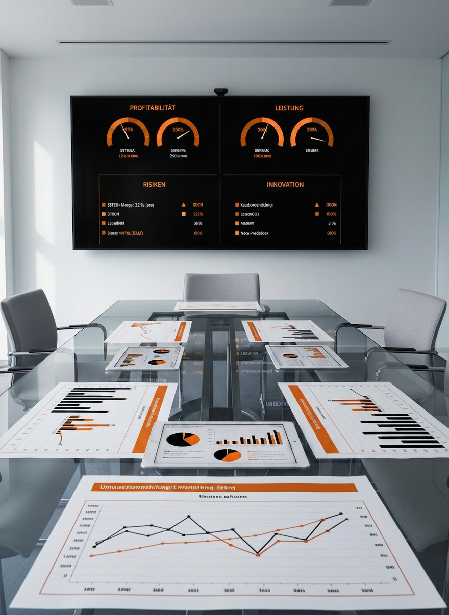 A sleek, glass-walled conference room table seen from a slightly elevated, wide-angle perspective, covered with large printed dashboards, precise line charts, and neatly arranged tablets showing clean data visualizations in blues and greys. In the background, an enormous wall-mounted digital screen displays a perfectly legible KPI cockpit with clear German labels for profitability and performance. Soft, cool daylight pours in from unseen windows, creating gentle reflections on the polished table surface and subtle shadows beneath devices. The atmosphere is focused and professional, with photographic realism and a clean, modern aesthetic that communicates data-driven decision making and high-performance business consulting without showing any people.