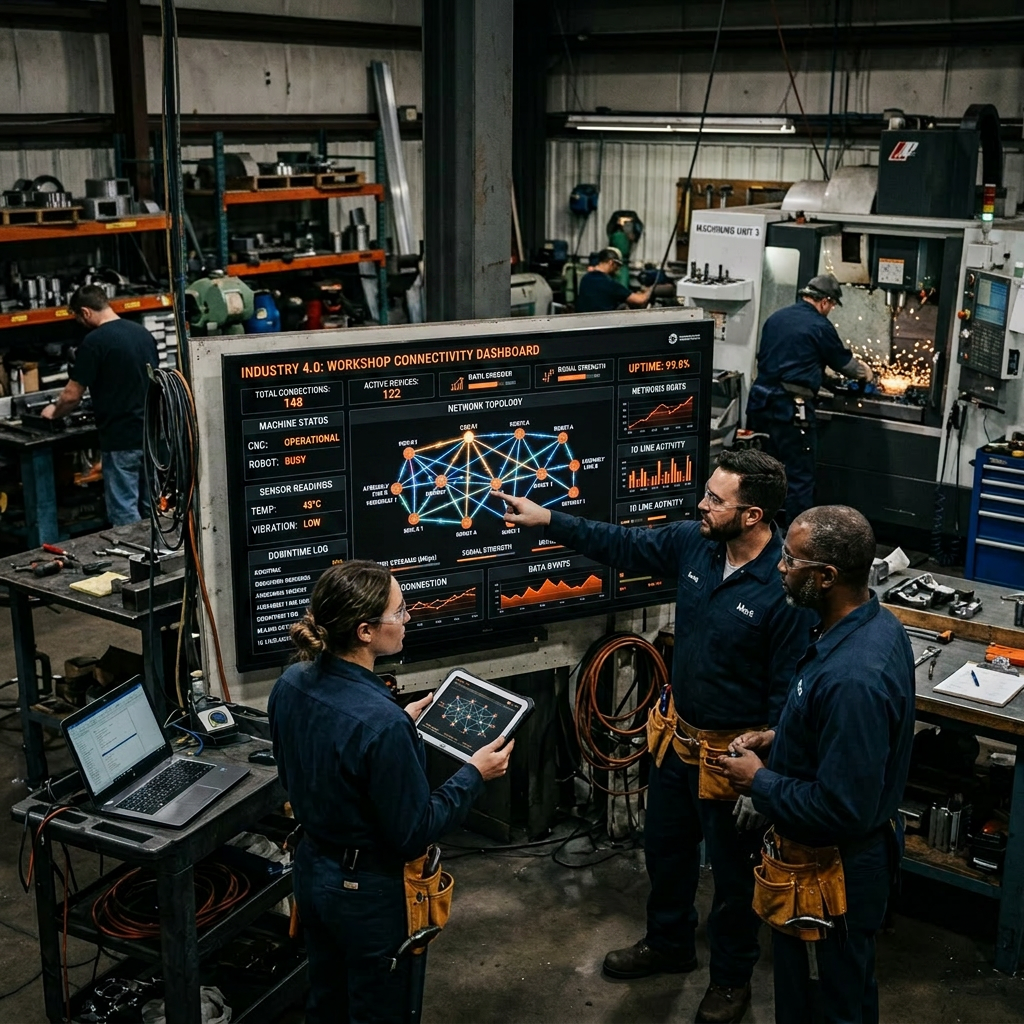 Technicians reviewing Industry 4.0 connectivity dashboard in manufacturing workshop