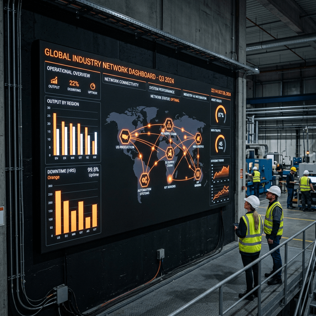 Black BI wall dashboard with orange industry connections