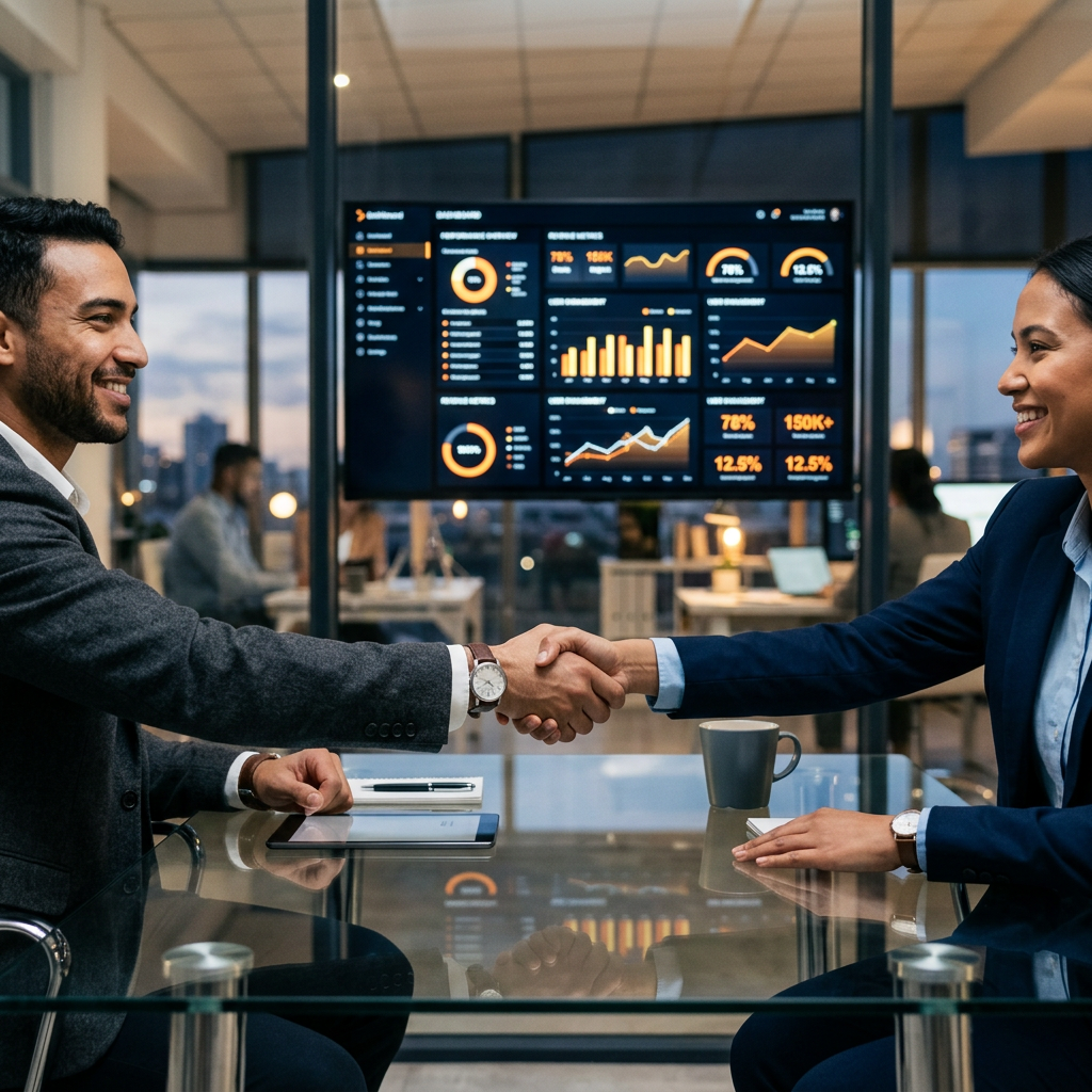 Handshake at glass desk, orange black dashboard background