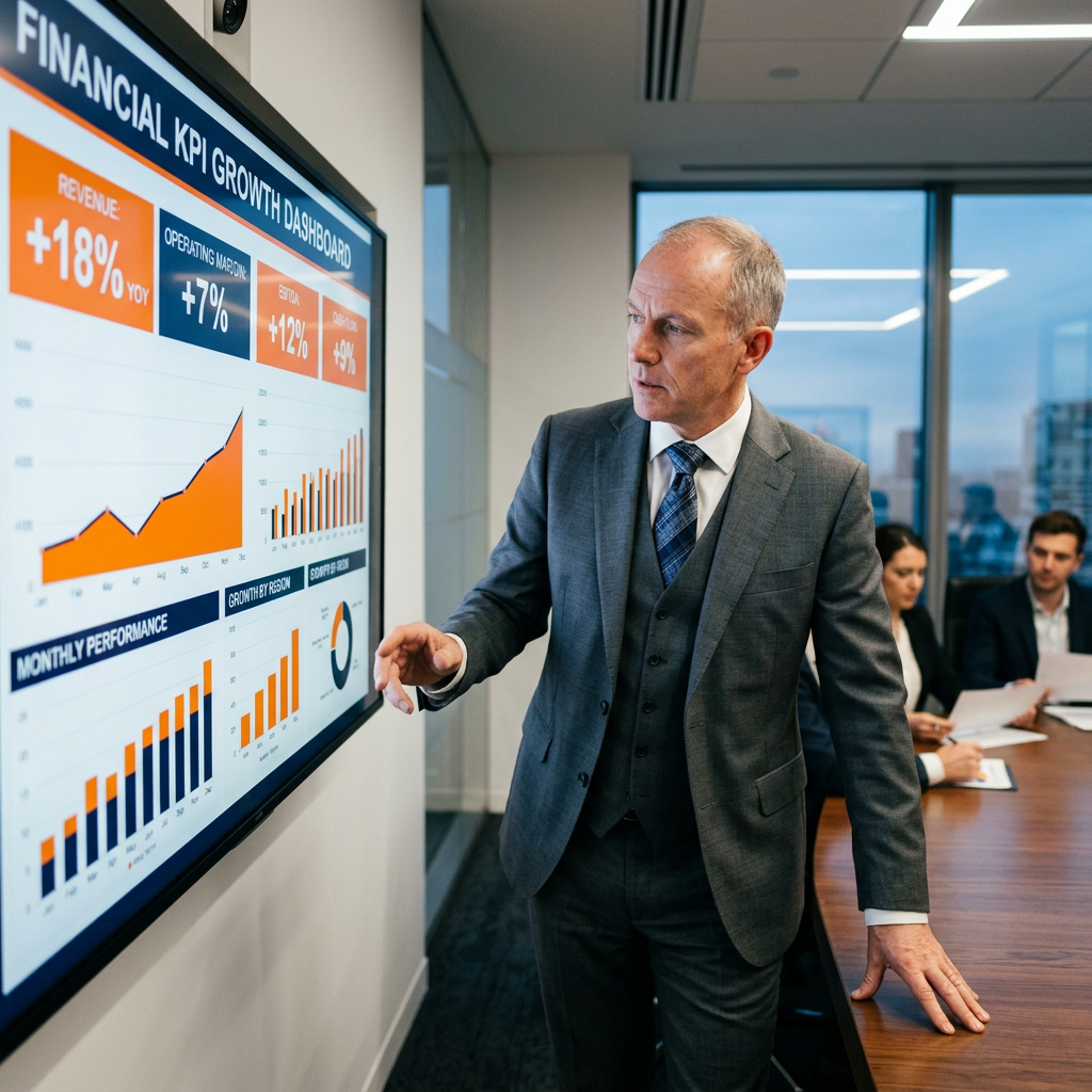 CFO viewing orange KPI growth dashboard boardroom