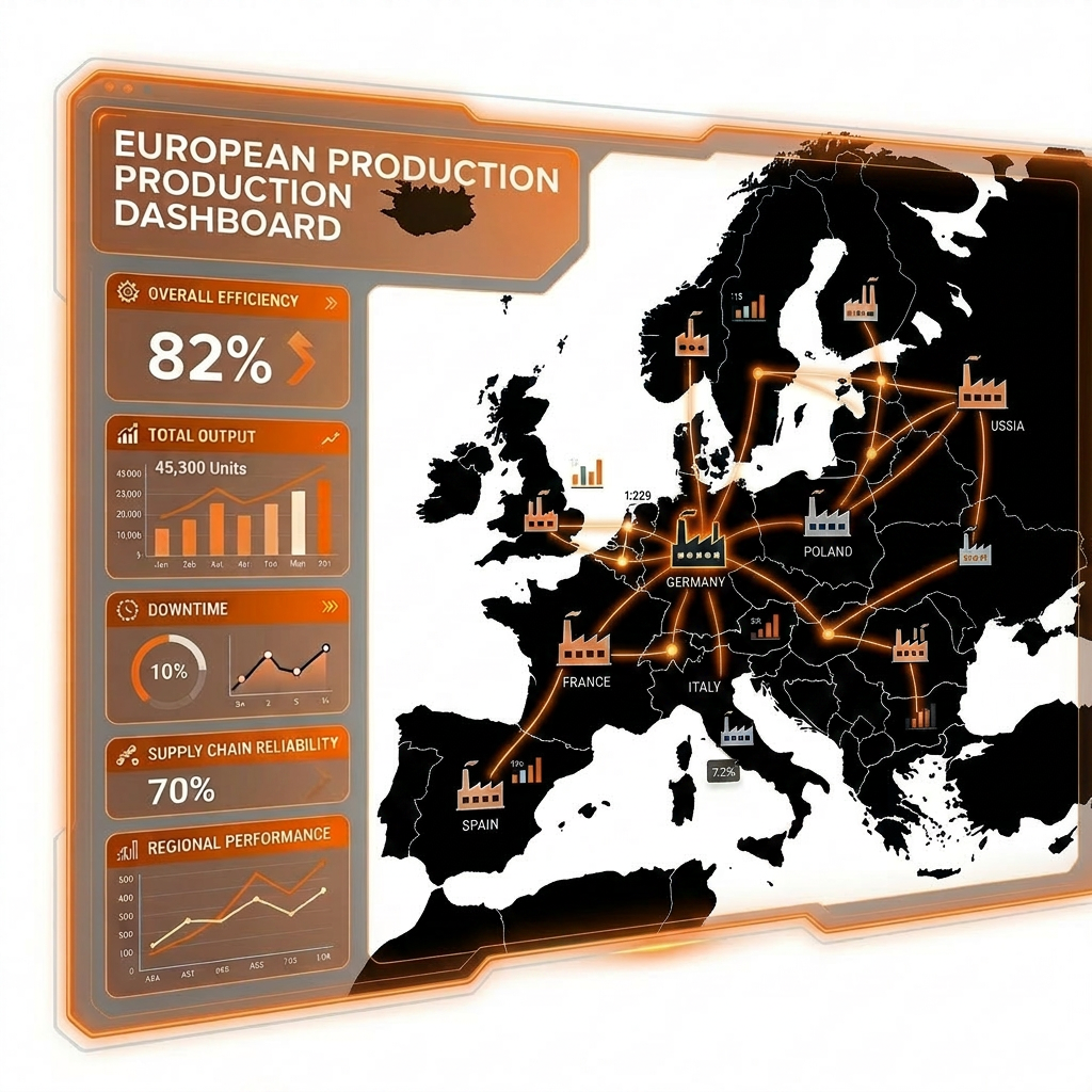 Europe map factories connected orange KPI dashboard