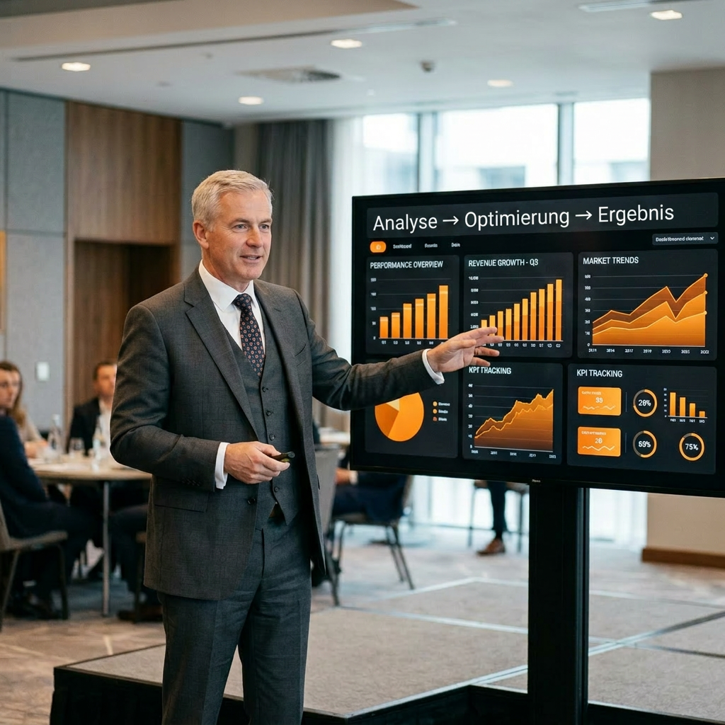 Businessman in suit standing next to screen displaying financial charts and graphs