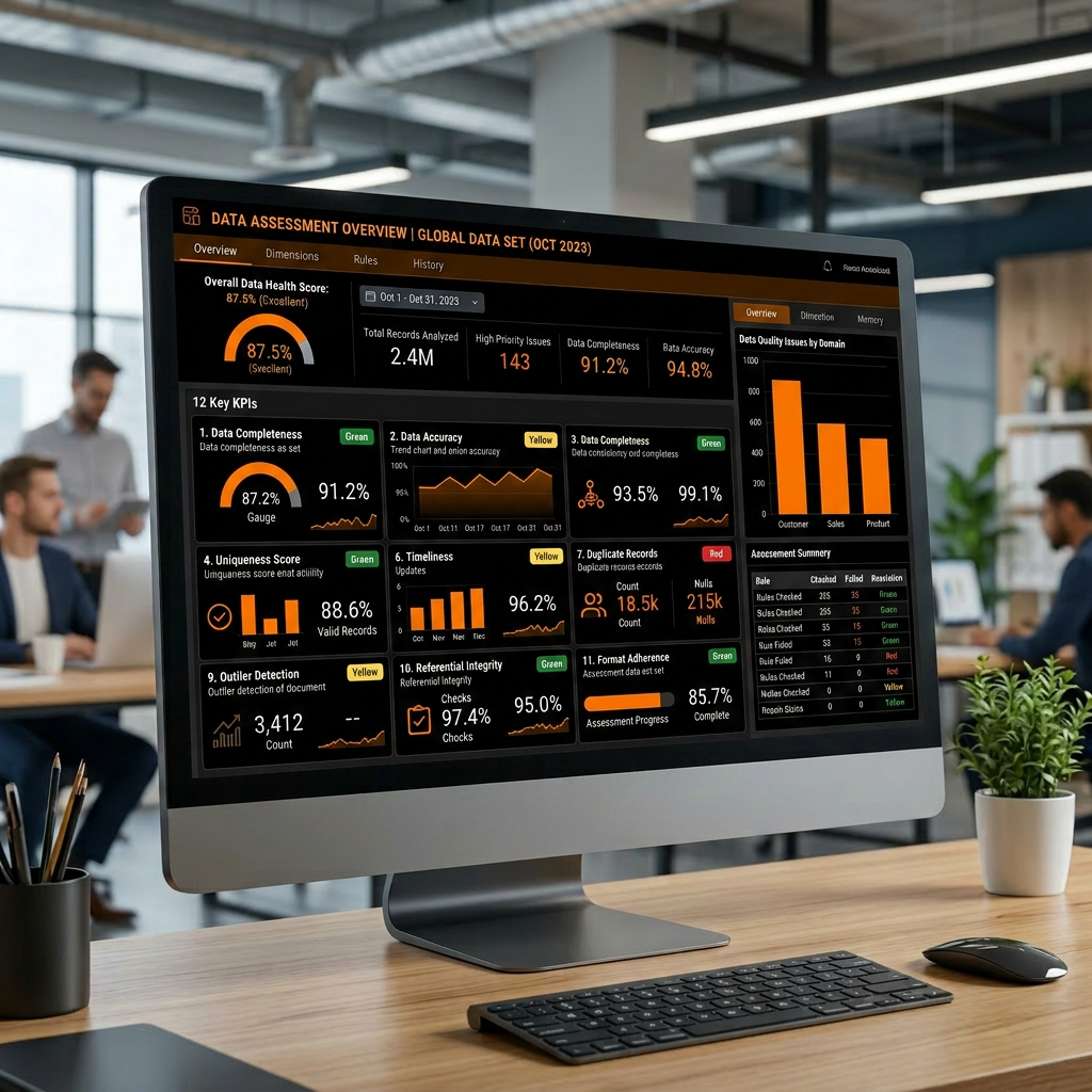 Black report with orange charts and data
