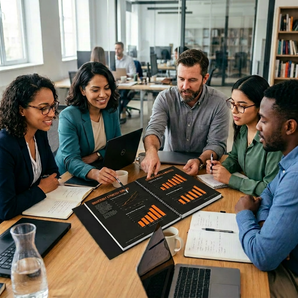 Team reviewing black report with orange charts