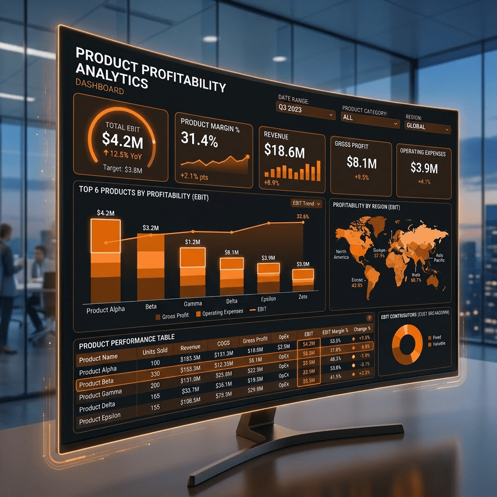 Dashboard showing product profitability analytics with EBIT, margins, revenue, expenses, and regional profit map