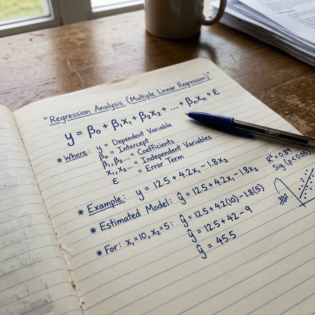 Handwritten notes on multiple linear regression including formula, variables, example calculation, and a scatterplot