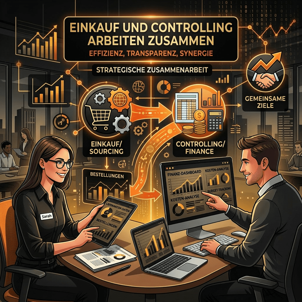 Woman and man working together with dashboards for purchasing orders and financial controlling on screens