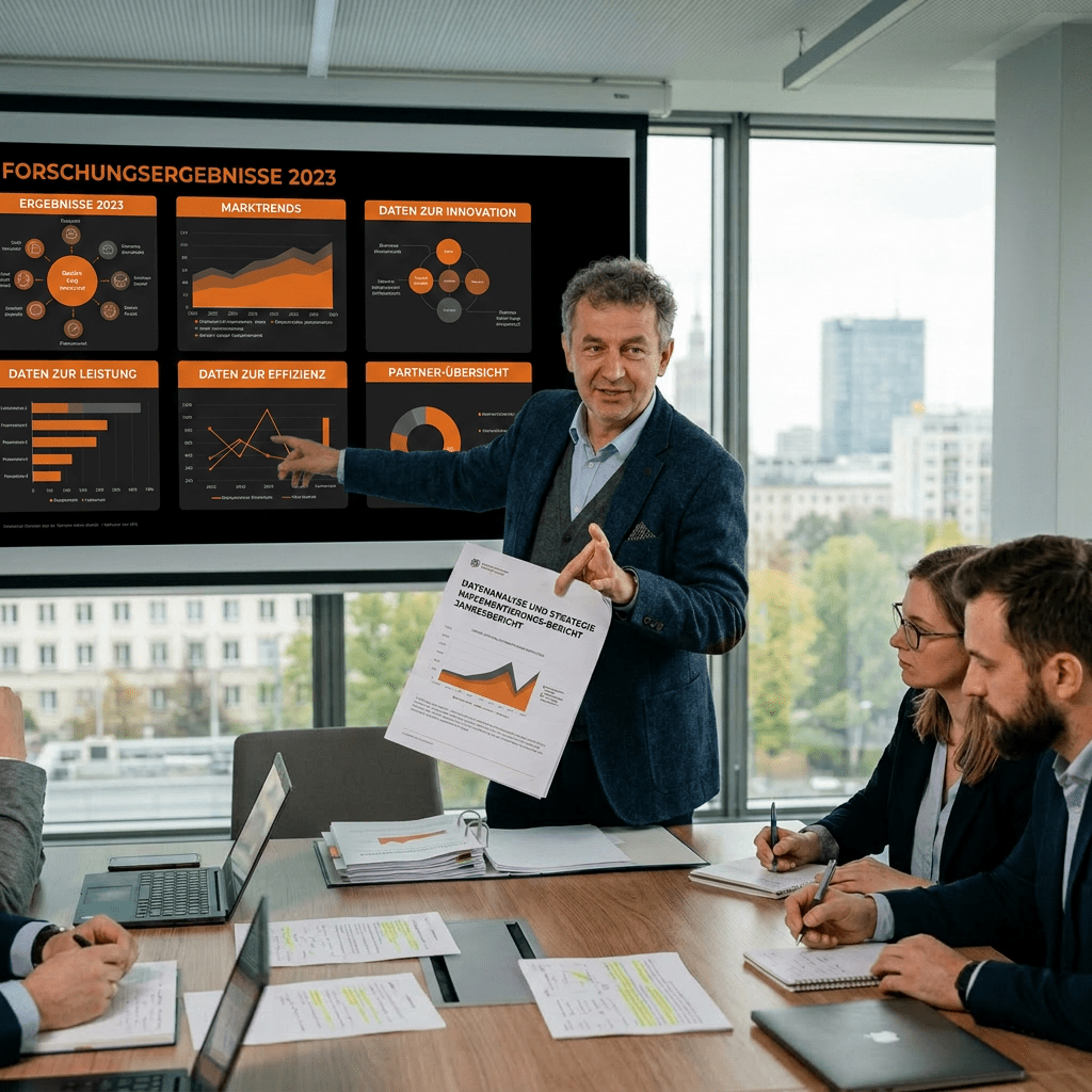 Businessman pointing to graphs on a screen while holding a report, presenting data to colleagues