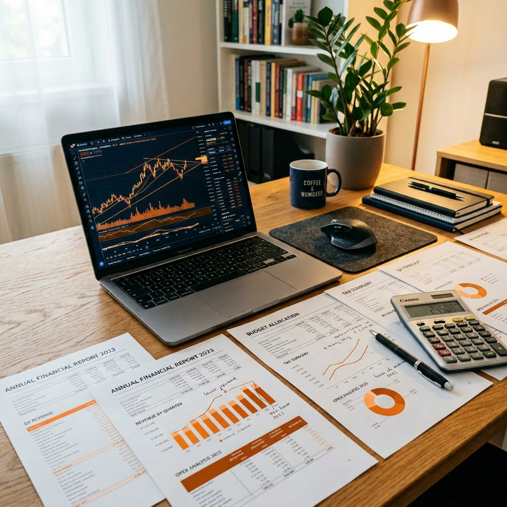Laptop displaying stock charts next to financial reports, calculator, and coffee mug on wooden desk