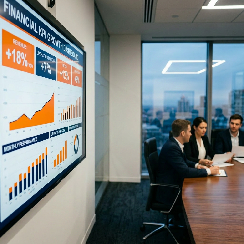 CFO viewing orange KPI growth dashboard boardroom