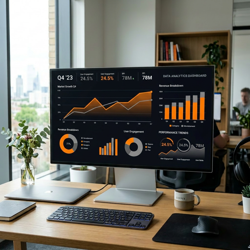 Transparent computer monitor displaying data analytics dashboard with charts and graphs on office desk