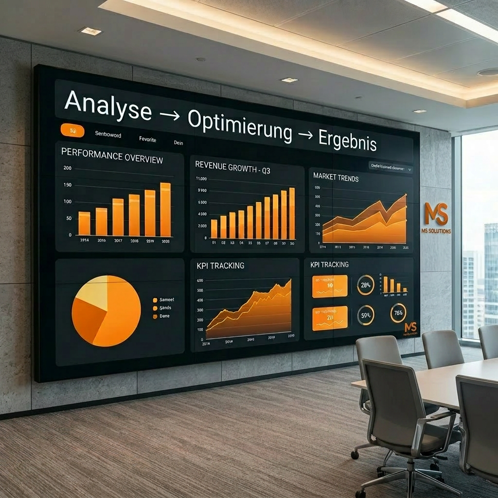 Businessman in suit standing next to screen displaying financial charts and graphs