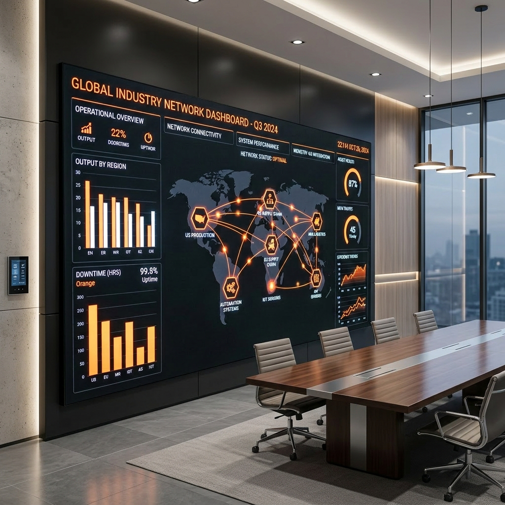 Black BI wall dashboard with orange industry connections