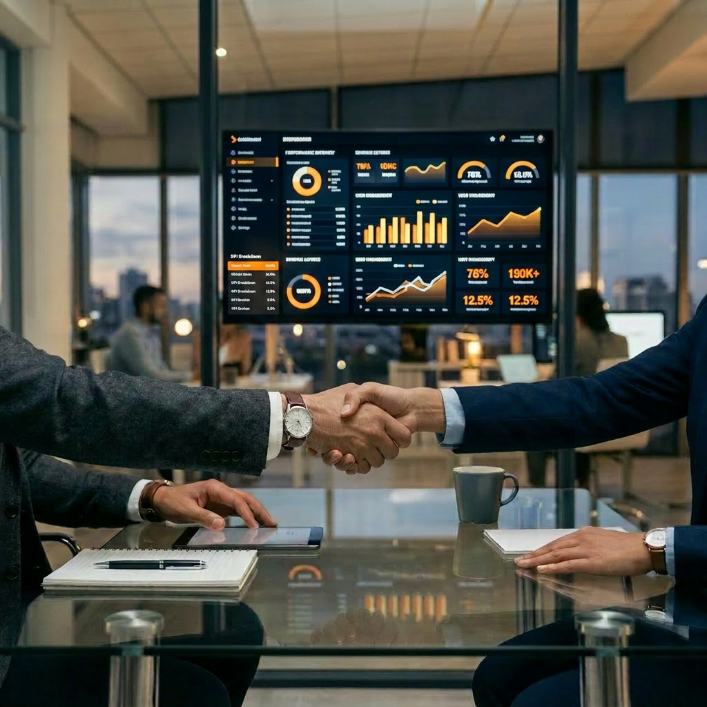 Handshake at glass desk, orange black dashboard background