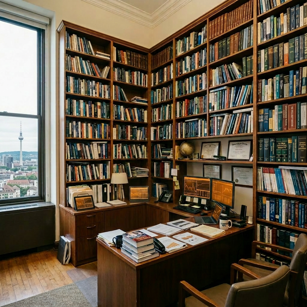 Woman writing at desk in office surrounded by tall bookshelves filled with books